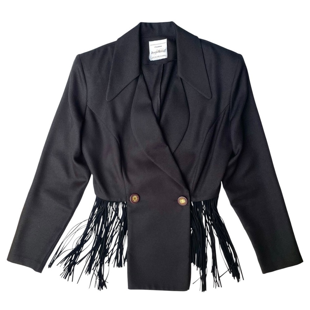 Joseph Ribkoff Black Fringe Cropped Blazer -M- Dark Academia, Sexy, Party Chic